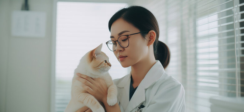Smiling Asian Veterinarian Engages with Tabby Cat at Modern Clinic. Generative AI