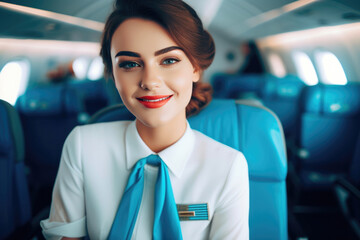 Smiling Air Hostess Creating a Welcoming Atmosphere. Generative AI