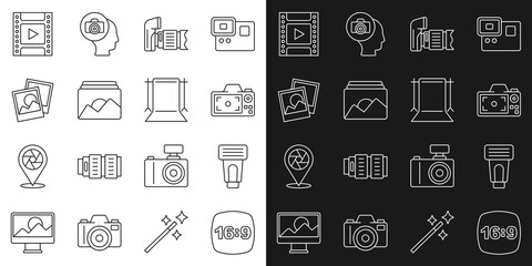 Set line Photo frame 16, camera flash, Camera film roll cartridge and Empty photo studio icon. Vector