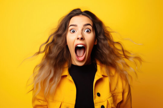 Enthusiastic young lady screaming with joy in isolated yellow. Generative AI