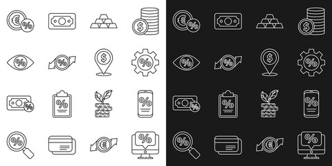 Set line Percent discount and monitor, mobile, Gear with percent, Gold bars, Discount tag, Eye, Money coin and Cash location icon. Vector