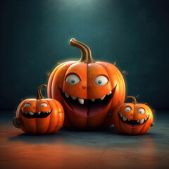 Three spooky halloween pumpkins on dark background - 621267365