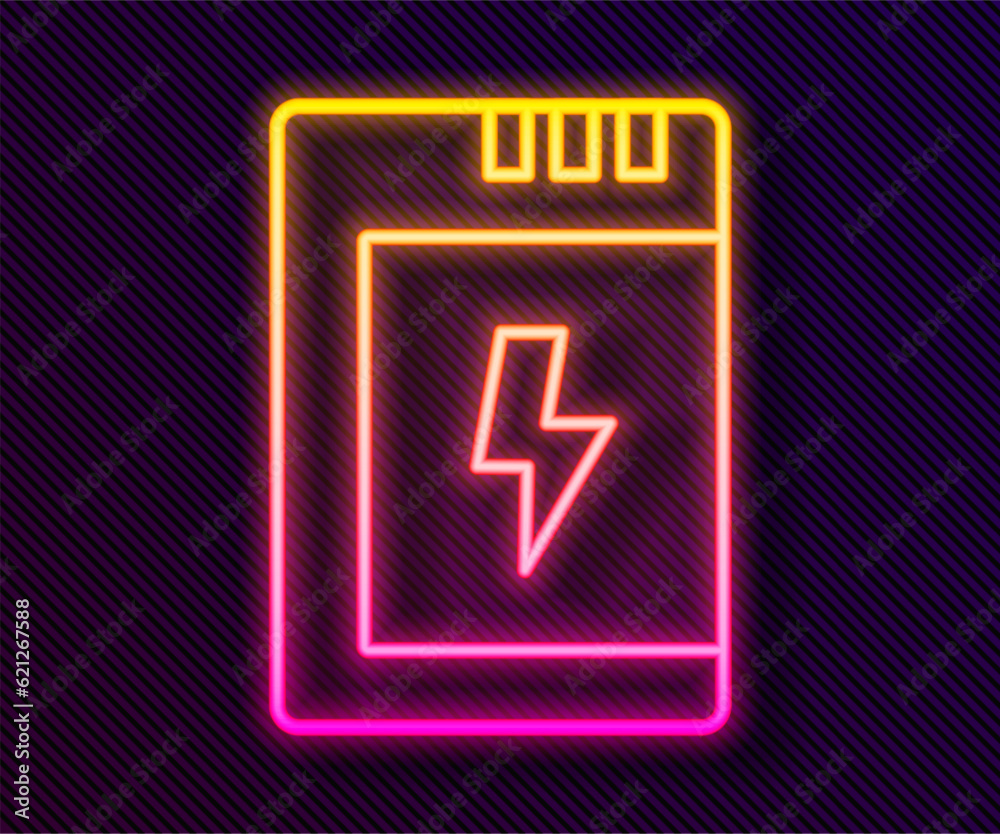 Poster Glowing neon line Battery for camera icon isolated on black background. Lightning bolt symbol. Vector