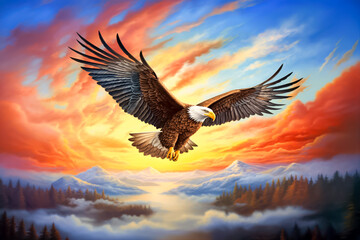 Naklejka na ściany i meble Bald eagle in flight, digital painting, midjourney, generative, ai