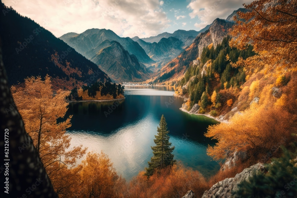 Canvas Prints serene lake nestled among majestic mountains. Generative AI