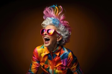 Very Happy Old Woman Yellow Background Studio Photo Rainbow Hair. Generative AI