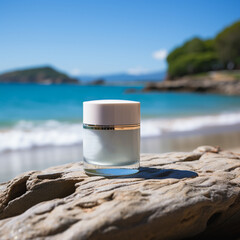 cream jar on the rock, cosmetic product on beach background, Generative ai.