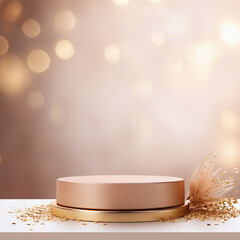 White podium display cosmetic product on light brown background, Generative ai.