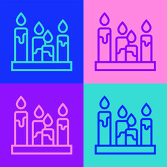 Pop art line Burning candle icon isolated on color background. Cylindrical aromatic candle stick with burning flame. Happy Halloween party. Vector