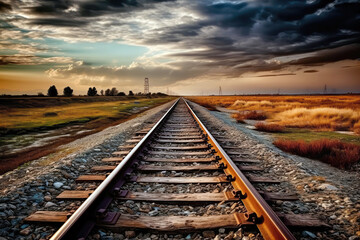 Fototapeta na wymiar Railway Track Extending Towards The Distant Horizon, Showcasing Linear Perspective. Generative AI