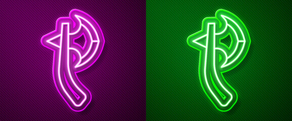 Glowing neon line Wooden axe icon isolated on purple and green background. Lumberjack axe. Happy Halloween party. Vector
