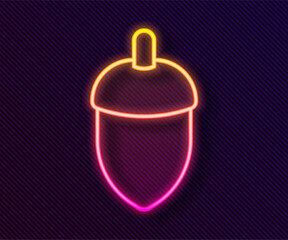 Glowing neon line Acorn icon isolated on black background. Vector