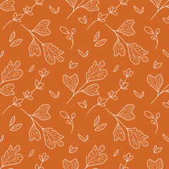 Seamless pattern of elegance ginkgo leaves in line art style on orange background