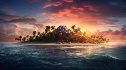 Island, beach with palm trees. Generative Ai