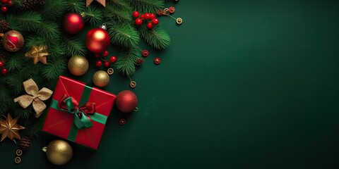 New Year banner with red Christmas gift boxes and golden decorations on dark green background.