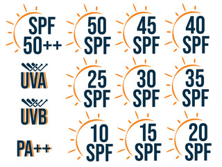 Set of simple flat spf sun, Icons for sunscreen products or other skin cosmetics, Vector illustration