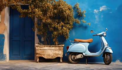 blue scooter parked a wall summer background 