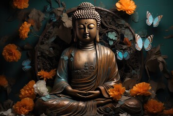 Bronze Buddha statue with flowers and butterflies