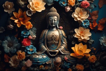 Bronze Buddha statue with flowers and butterflies - obrazy, fototapety, plakaty