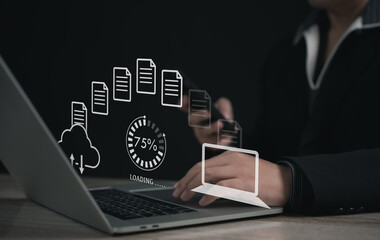 Secure Encryption File Transfer or Cybersecurity in Business : Businessman Using Laptop and Mobile...