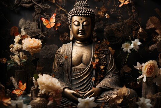 Bronze Buddha statue with flowers and butterflies