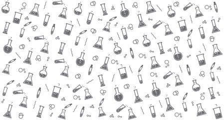 Fototapeta na wymiar Test tube black and white seamless pattern with vector line icons of laboratory background. Chemistry lab flask, science, symbol. Graduated sylinder, Dropper, Florance , Test tube vector background.