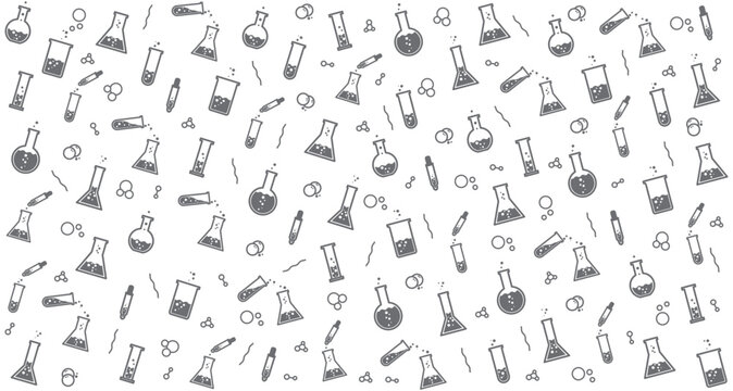 Test Tube Black And White Seamless Pattern With Vector Line Icons Of  Laboratory Background. Chemistry Lab Flask, Science, Symbol. Graduated Sylinder, Dropper, Florance , Test Tube Vector Background.