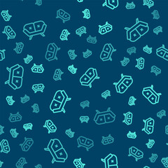 Green line Sofa icon isolated seamless pattern on blue background. Vector