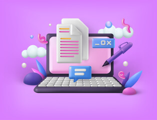 Content edit. 3D laptop and copywriting technology. Text writer. Brief for course. Business digital editor. Grammar improvement. Document and pen. Blog copywriter. Vector exact illustration - obrazy, fototapety, plakaty