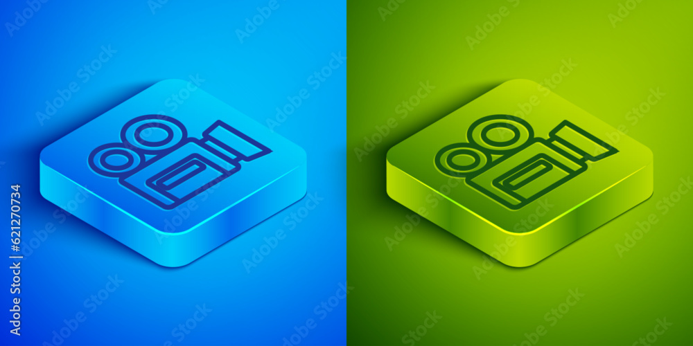 Poster Isometric line Retro cinema camera icon isolated on blue and green background. Video camera. Movie sign. Film projector. Square button. Vector