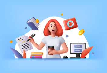 3D people work. Person in business routine. Lady character at home with coffee and laptop. Document pages. Render multitasking woman. Office or freelance job. Vector exact illustration