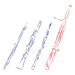 Continuous line drawing of a bassoon with the wind instruments family, isolated on white. Hand drawn, vector illustration