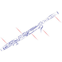 Continuous line drawing of bassoon with indicators for component parts isolated on white. Hand drawn, vector illustration - obrazy, fototapety, plakaty