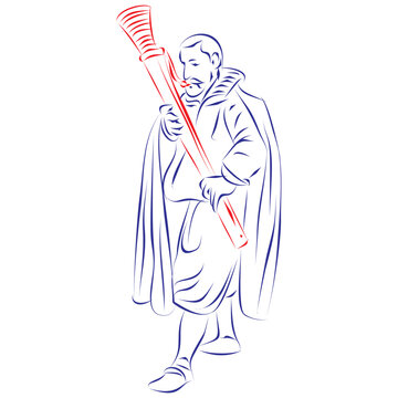 Continuous line drawing of a man dressed in historical costume playing a curtal or dulcian, the ancestor of the bassoon. Hand drawn, vector illustration