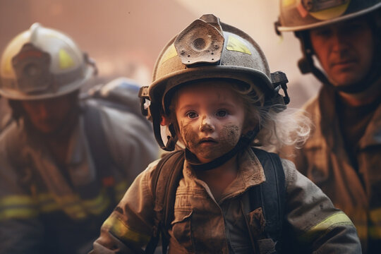 911, rescuer. A fire rescuer is a firefighter who rescues and evacuates people from fire, extinguishes fires and prevents similar incidents. fire, children, ruins, danger