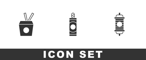 Set Noodles in box and chopsticks, Firework and Chinese paper lantern icon. Vector