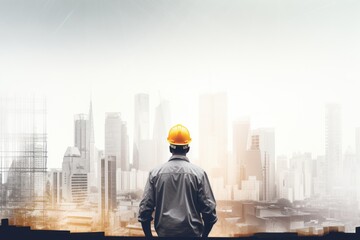 Builder man against overlay on cityscape white copy space background. Labour day concept.