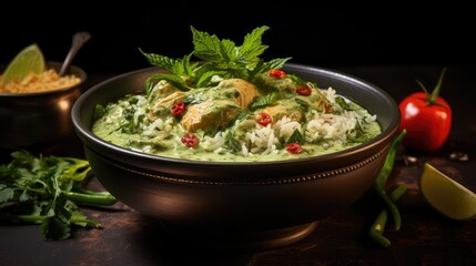 Green curry vegetarian dish on a table on dark background