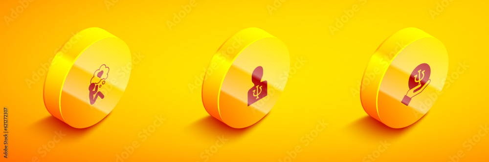 Sticker Set Isometric Head with heart, Psychology, Psi and icon. Vector