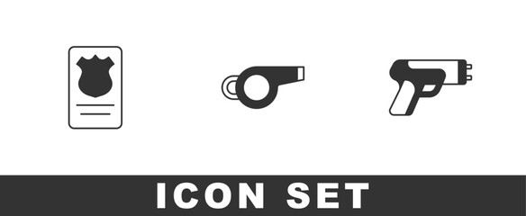 Set Police badge with id case, Whistle and electric shocker icon. Vector