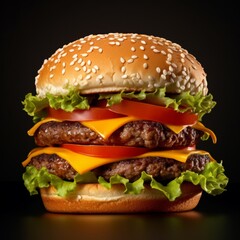 Fast food photography background square - Fresh tast burger, hamburger or cheeseburger on dark black table (Generative Ai)
