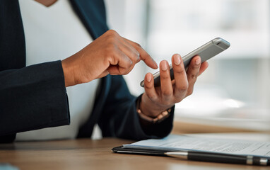 Fototapeta premium Closeup, trader or hands typing on a phone for social media chat, internet post or website notification. Searching, trading news blog or worker texting on online networking mobile app in office