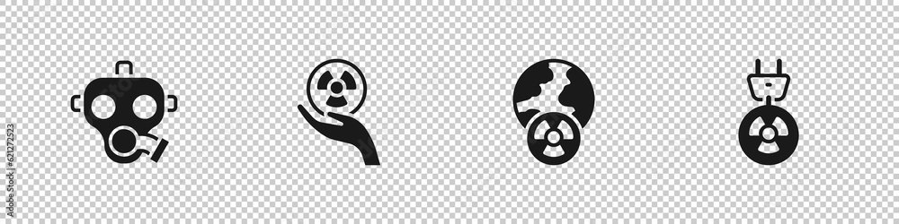 Sticker Set Gas mask, Radioactive, Planet earth and radiation and Radiation electrical plug icon. Vector