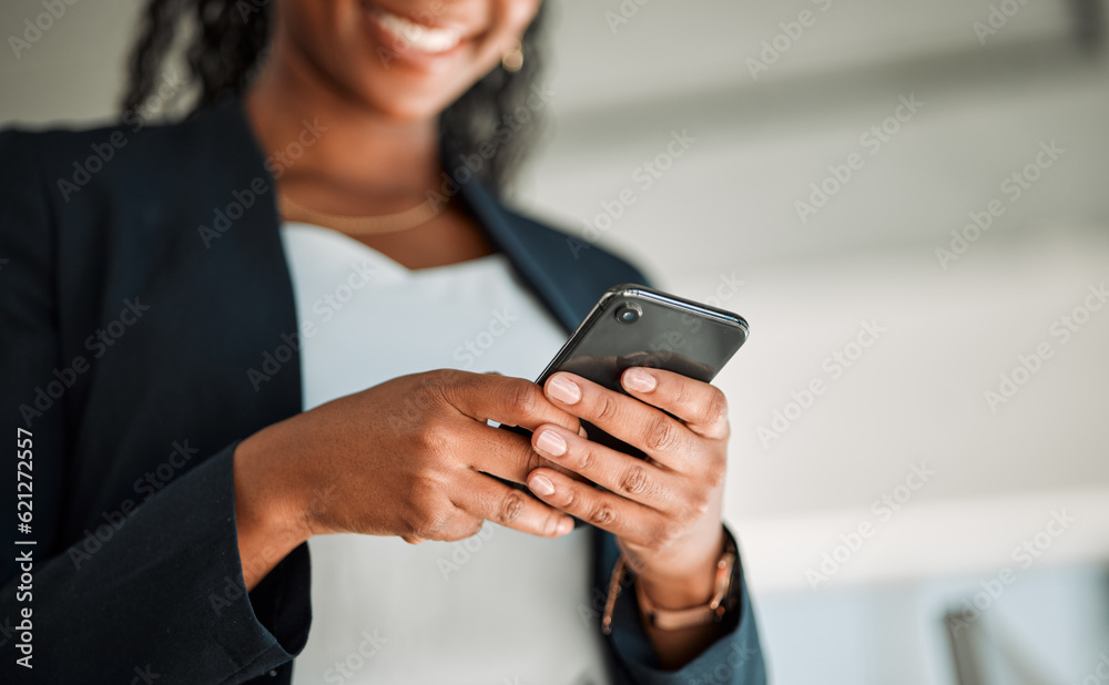 Canvas Prints Closeup, worker or hands typing on a phone for social media content, internet post or website notification. Searching, digital news blog or woman texting on online networking mobile app in office