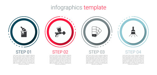 Set Paint bucket with brush, spray gun, Color palette guide and . Business infographic template. Vector