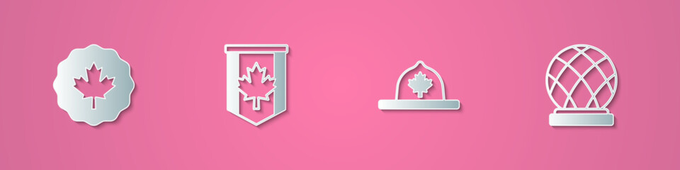 Set paper cut Canadian maple leaf, Pennant flag of Canada, ranger hat and Montreal Biosphere icon. Paper art style. Vector