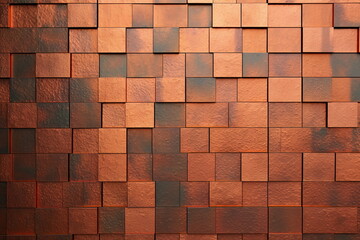 Copper mosaic background. Bronze random wall decoration. Cubic backdrop. Geometric illustration of glossy square shapes. Architectural abstraction. Created with generative Ai