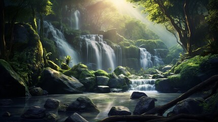 Cascade water in motion, surrounded by vibrant greenery and soft sunlight , (Generated by Ai)