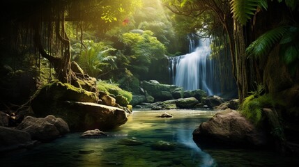 Cascade water in motion, surrounded by vibrant greenery and soft sunlight , (Generated by Ai)