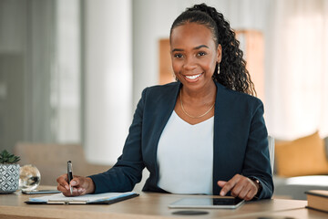 Writing, tablet and business woman in portrait for financial accounting, taxes management and audit report or checklist. Professional African person or accountant on clipboard and digital technology